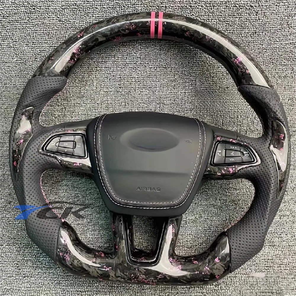 

Steering Wheel for 2015 2016 2017 2018 Ford Focus Custom Pink Forged Carbon Fiber Center stripe Black Leather car accessories
