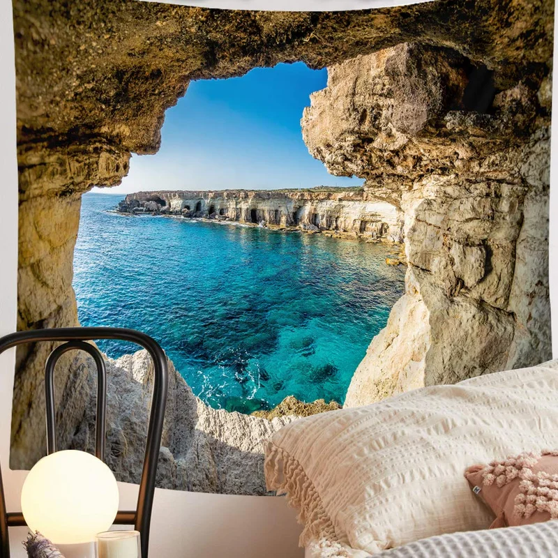 VIKAMA Sea Cave Arch Turquoise Ocean Cliff Tapestry Coastal Seascape Wall Hanging Living Room Bedroom Backdrop Wall Art Decor