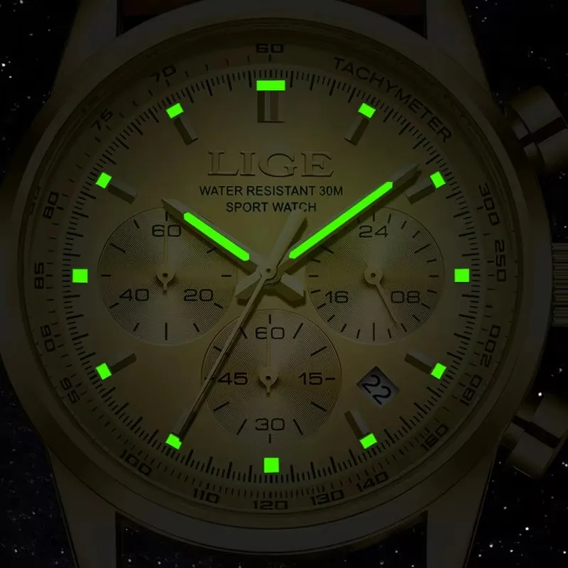 LIGE Mens Watches Fashion Business Genuine Leather Quartz Wristwatch Waterproof Chronograph Luminous Watch Man Male Clock