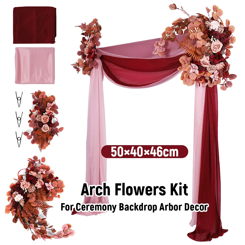 

Pack of 4 Wedding Arch Flowers Kit with Sheer Drapes Artificial Floral Swag for Ceremony Reception Stage Decor