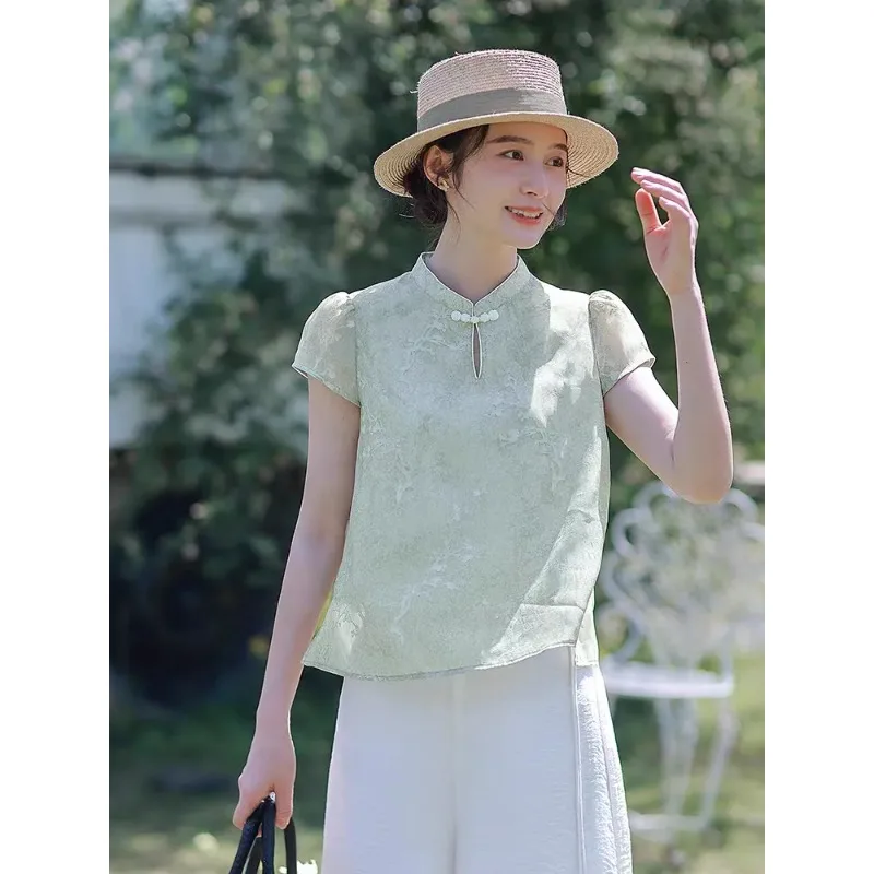 Women's New Chinese Style Chiffon Blouse Mandarin Collar Short Sleeve Cheongsam Button Elegant Casual Top In Light Green