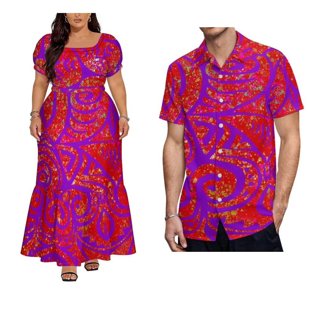 Vêtements de couple, style imprimé, nouvelle robe à manches courtes pour femme, style polynésien des îles Samoa, chemise de plage pour homme