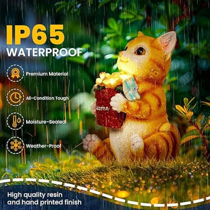 Solar Powered Garden Decor Animal Statue Outdoor Cute Squirrel Cat Lawn Ornament Landscape Light