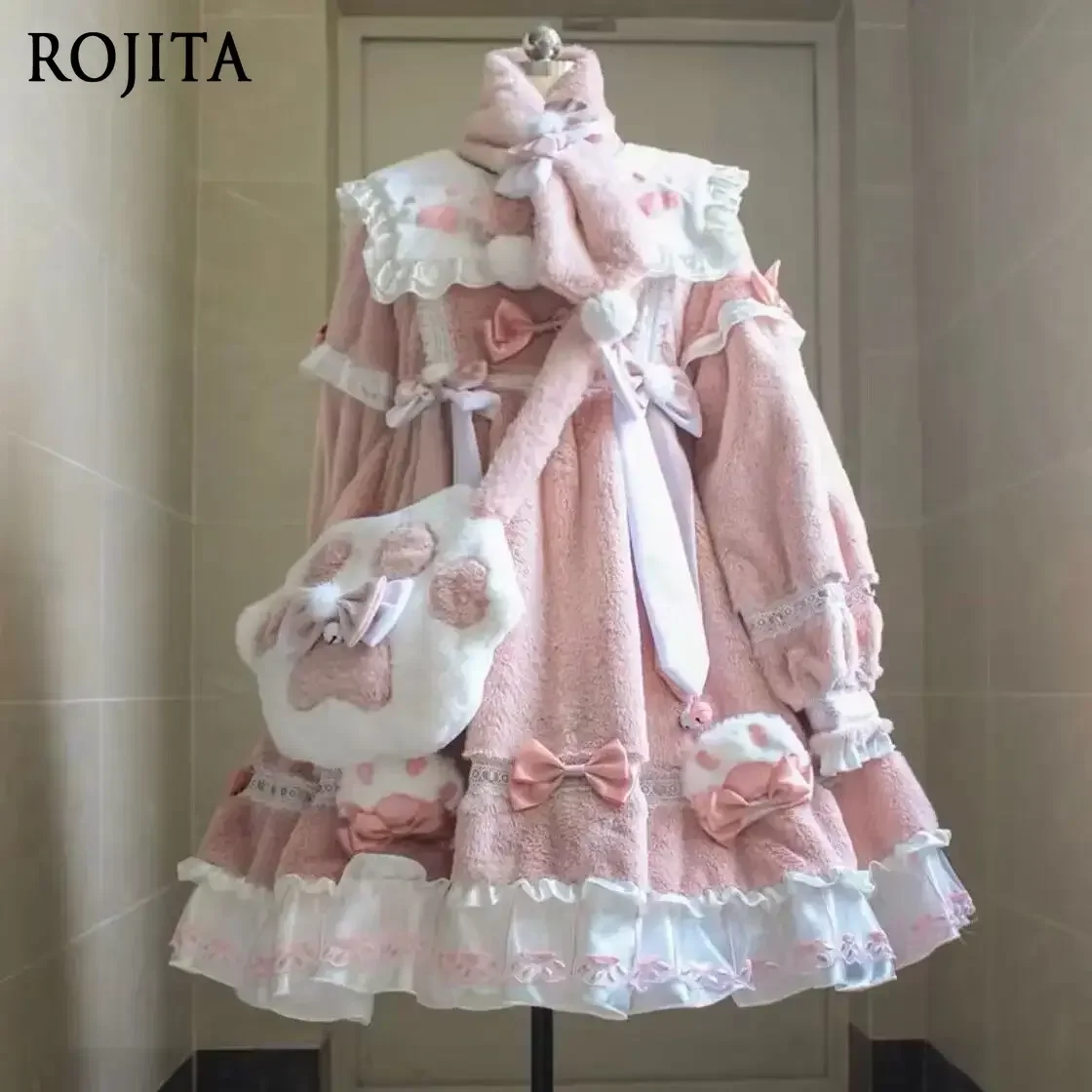 

Autumn Winter Long Sleeve Thickened Princess Dress Meow Cat Lolita Dress Plush Op New Year Clothes Birthday Party Cute Girl Bag