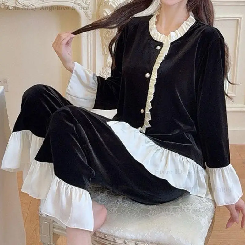 

Sweet Princess Style Pajamas Set Femme Velvet Long Sleeve Trouser Pijama Mujer Lady Warm Velour Sleepwear Autumn Winter Homewear