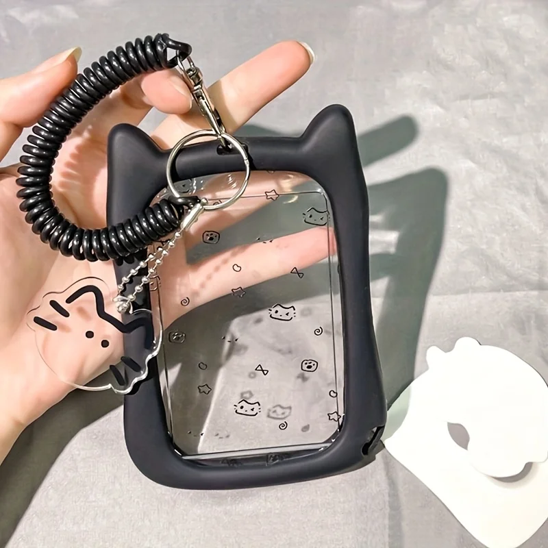 2D Cute Cat Design Card Holder with Keychain, Perfect for Student Bus Cards, Subway Cards, and Campus Id Cards - Durable and Stylish Id Card Protector, a Must-Have for Students |   Silicone Protective Case