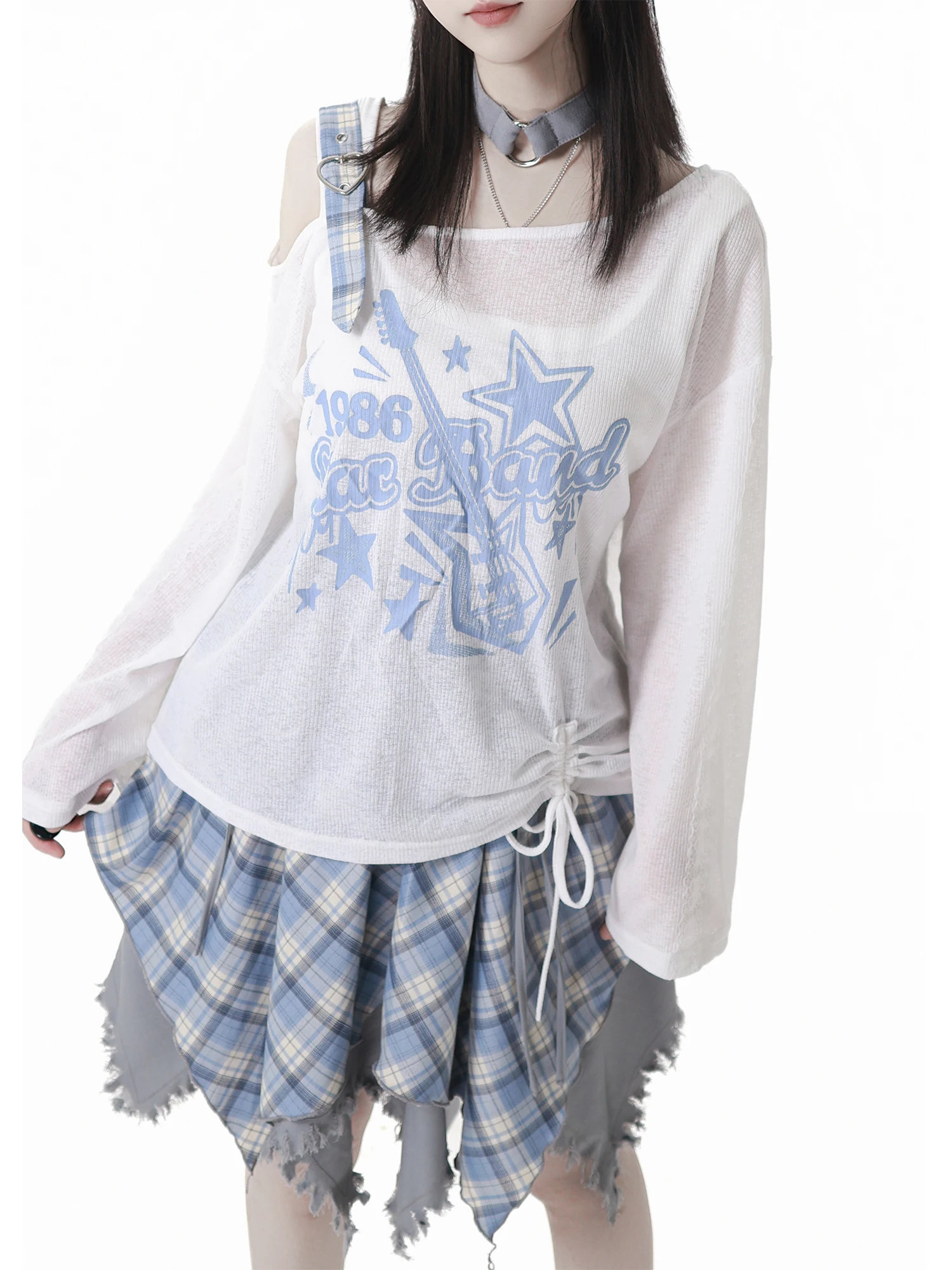 Japanese Girl's Sweet Cool Kawaii Plaid Skirt Set Summer New Student Y2k Printed Long-sleeved Top T-shirt Irregular Skirt Set