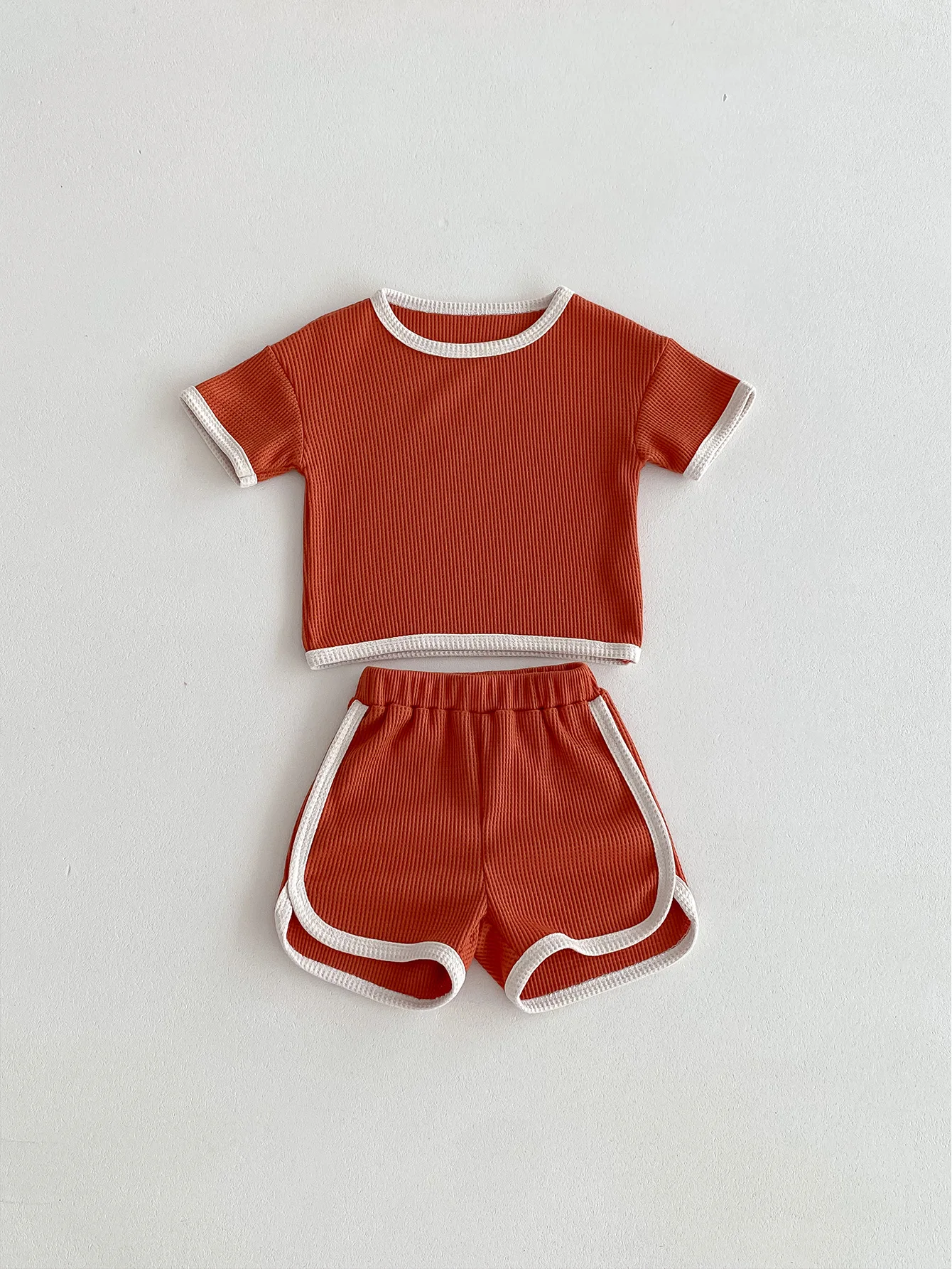 Summer Kids Waffle Tracksuit Boy Girl Children Thin Cotton Short Sleeve Tops + Shorts 2pcs Baby Casual Comfortable T-shirt Suit