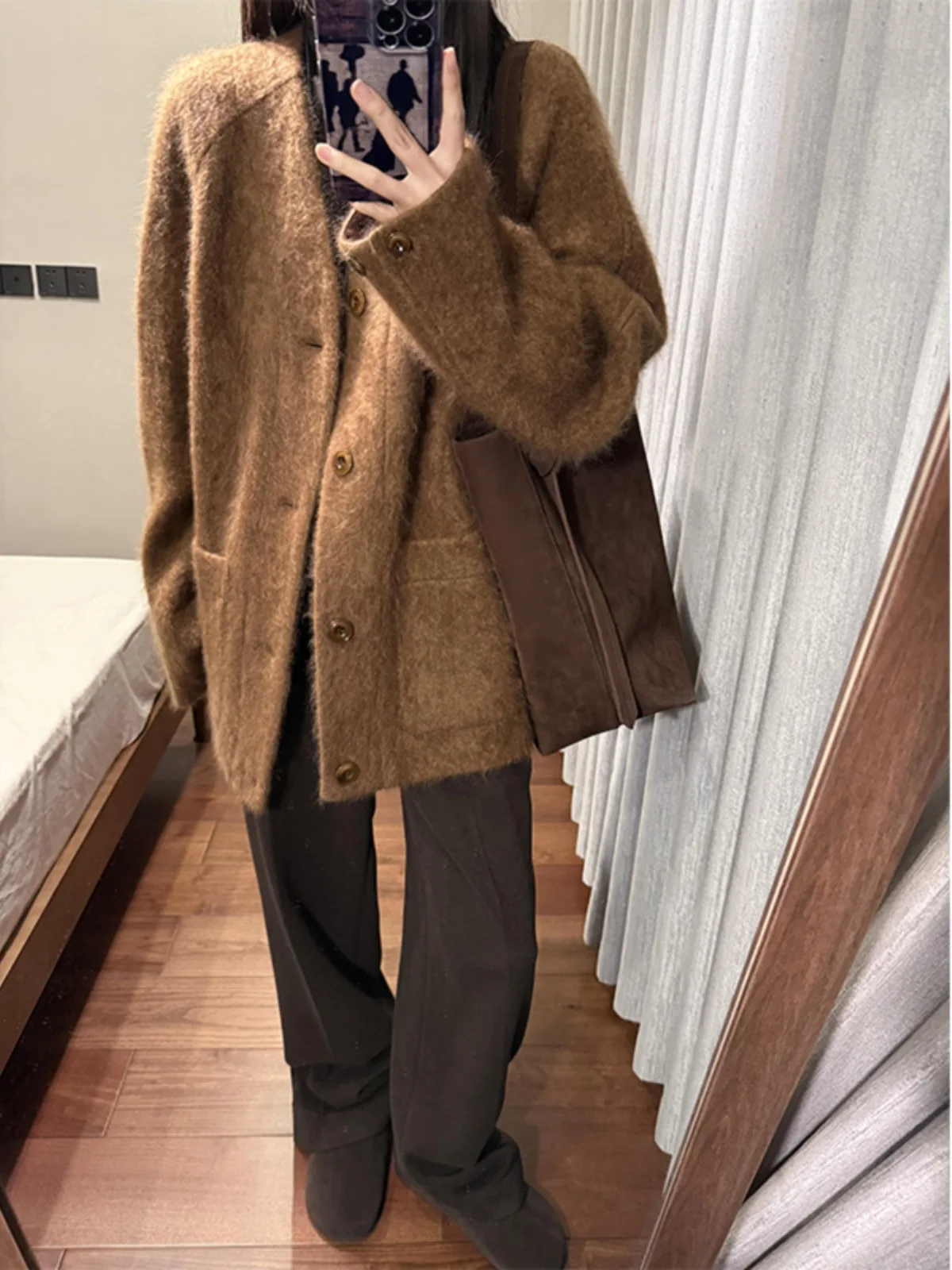 

Коричневое винтажное шерстяное пальто Maillard с v-образным вырезом для женщин, зимняя высококачественная повседневная куртка средней длины, женская одежда