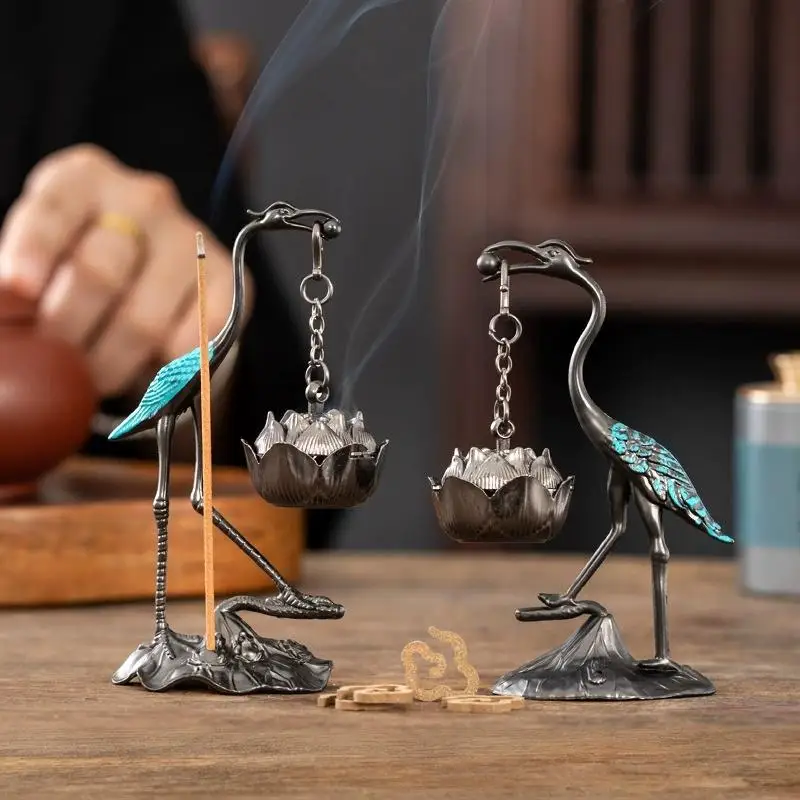 【Peace】Chinese Style Incense Burner Zinc Alloy Good Symbolism Incense Holder Accessories Red-crowned Crane Aromatherapy Gifts