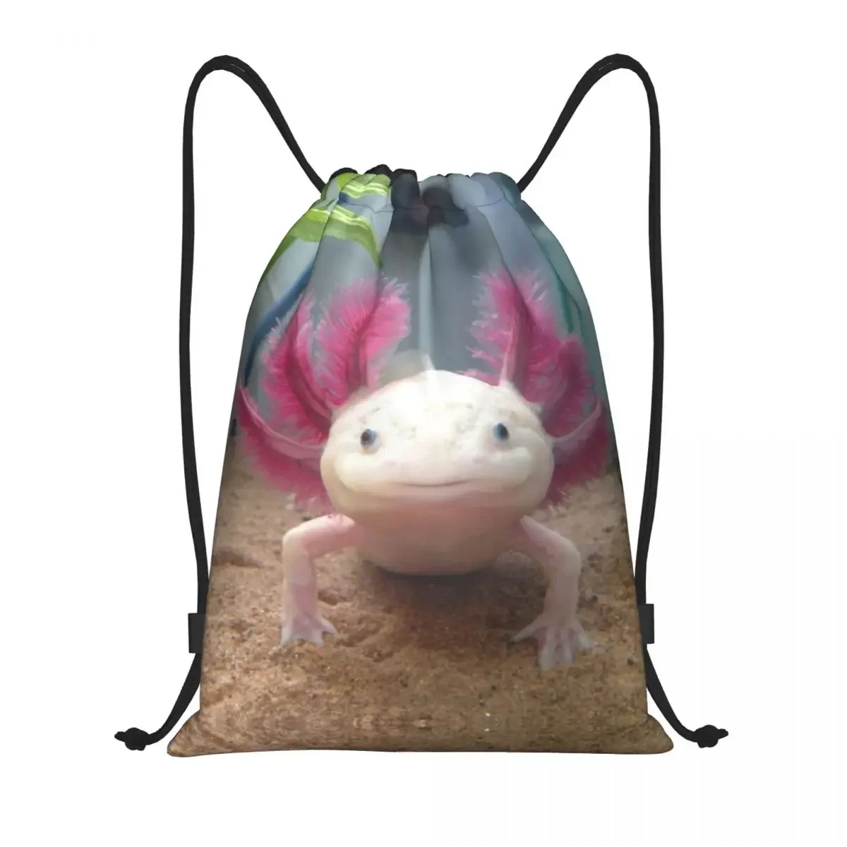 Sorridente Leucistic Axolotl Drawstring Bags para homens e mulheres, Mochila de ginástica esportiva portátil, Mochilas Salamander Animal Shopping