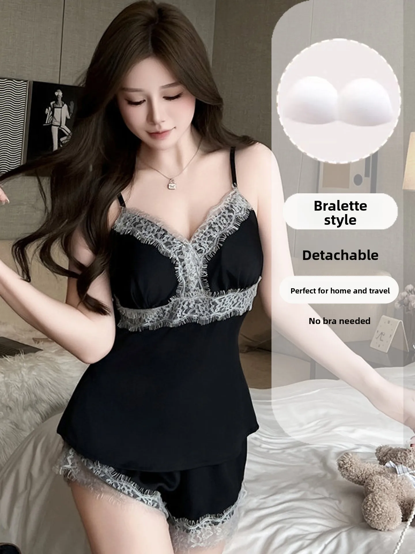 

Женская летняя пижама из ледяного шелка: топ на бретельках с глубоким V-образным вырезом, сексуальная, с открытой спиной, однотонная, кружевная, тонкая, домашняя одежда с чашечками и шортами