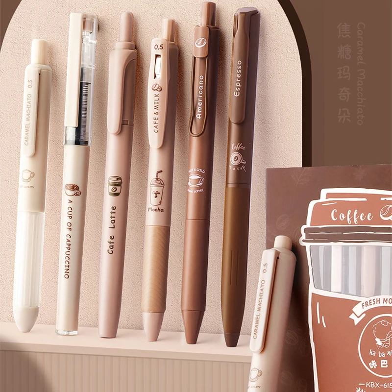 6 Pieces Cute Coffee Cappuccino Mocha cafe latte Black 0.5MM Kawaii Push Pen Korean Carbon Pen Highlighter Pen Student Gel Pen