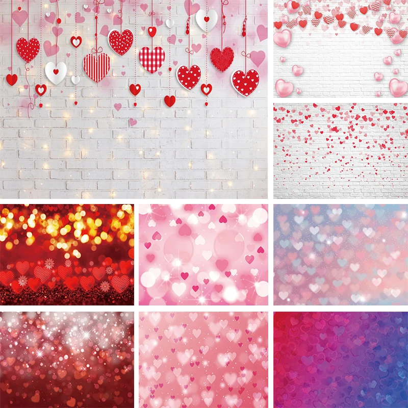 Valentines Heart Backdrop White Brick Wall Pink Hearts Party Decoration Banner Kissing Booth Photo Studio Background Photography