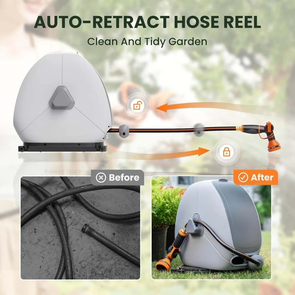 Enrouleur de tuyau rétractable 1/2 pouces x 82 pieds, enrouleur de tuyau d'arrosage robuste à montage au sol, rembobinage automatique, avec buse de pulvérisation à 9 fonctions