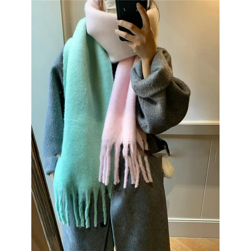 Korean Fashion Winter New Gentle Gradient Color Cashmere for Women Fluzzy Thick Warm Scarf  Big Shawl Scarf with Tassel Wraps