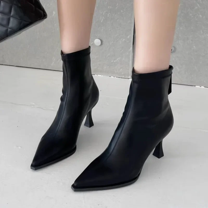 Sexy Pointed High Heel Boots Women 2024 Winter New Ankle Boots Fashion Zip Foot Slimming Lady Shoes Hot Sale Patent Leather Shoe