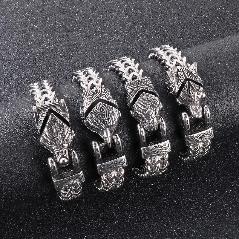 New Punk Stainless Steel Animal Charm Thick Bracelets for Men Mesh Chain Heavy Bangle Wolf/Snake/Eagle Jewelry Accessories Gift