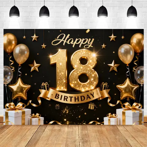 Feliz 18 cumpleaños fiesta decoración telón de fondo globos regalos 18th mujer hombre cumpleaños nombre personalizado foto fotografía fondo Banner