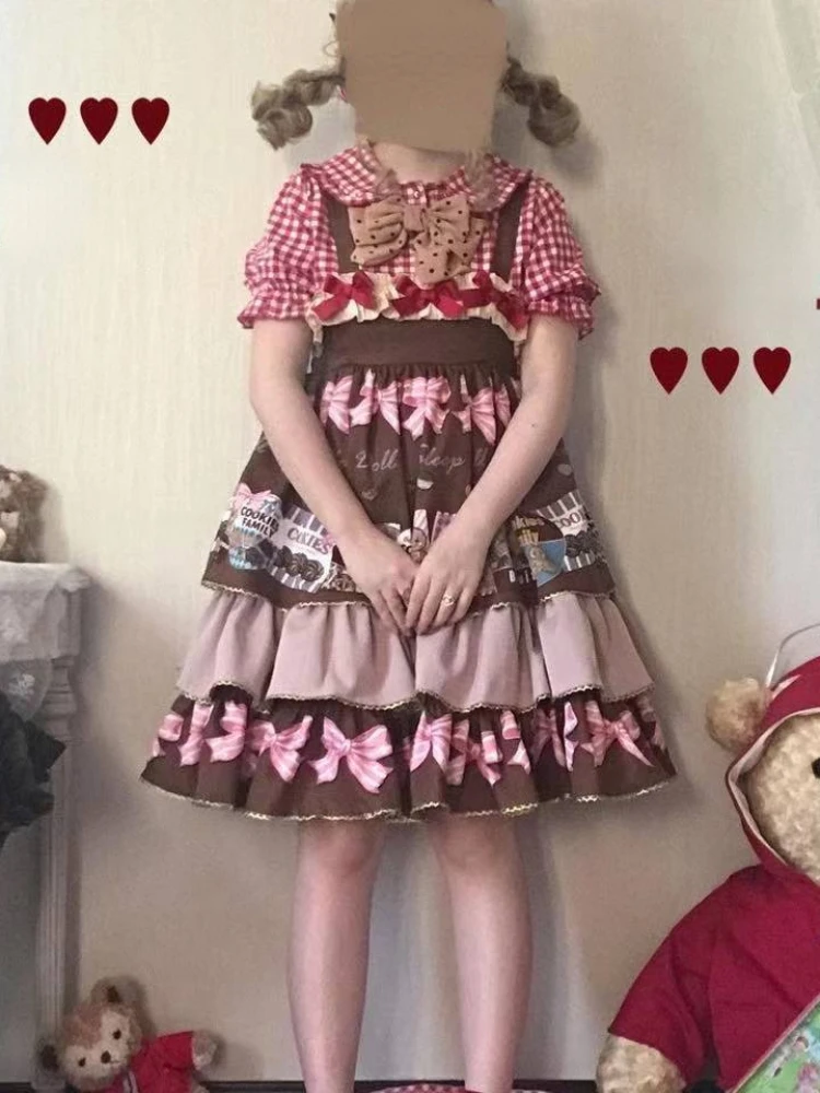 KOSAHIKI Robe Sweet Lolita Dress Women Bow Cute Kawaii Print Mini Jsk Cake Dresses Female Japanese Princess Strap Summer Vestido