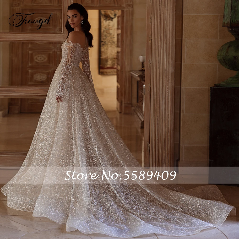 Traugel رقبة سكوب كم طويل دانتيل فساتين زفاف عتيقة فاخرة قبالة الكتف حزام ذيل محكمة خط الزفاف Gowo #2