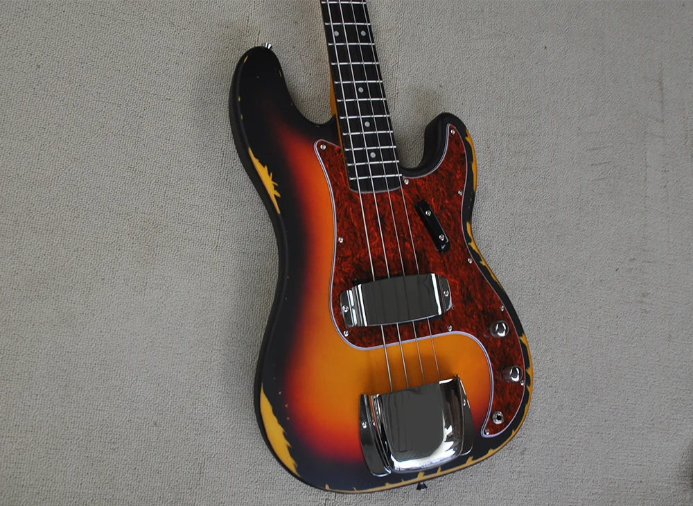 Tobacco Sunburst Relic 4 Strings Electric Bass Guitar with Rosewood Fretboard, Red Pickguard,Customizable