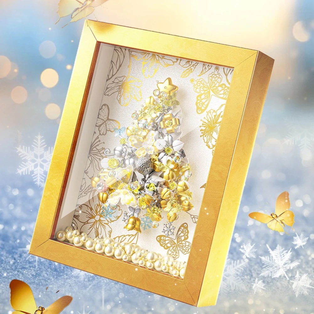 

MOC Festival Golden Christmas Flower Tree Picture Frame Building Block Set Winter Pendant Idea Toys For Children Birthday Gifts