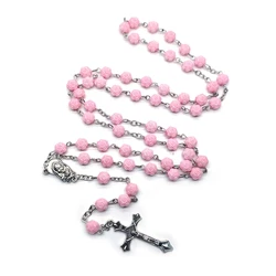 QIGO Pink Plastic Rose Rosary Necklace Vintage Metal Jesus Cross Pendant Catholic Prayer Jewelry Religious Accessories