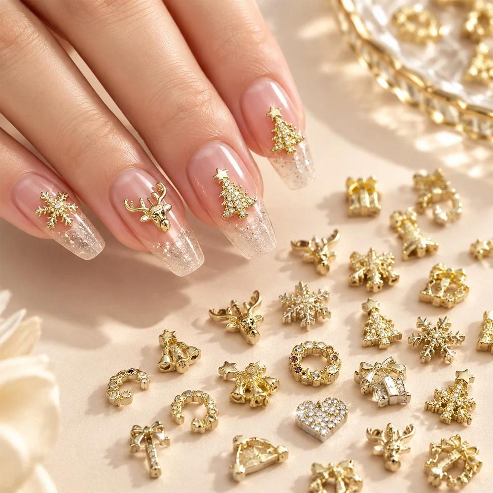 50Pcs Rust Proof Nail Art Charms Elegant Reindeer Wreath Candy Cane Star for New Year Eve Celebration Nail Design Set