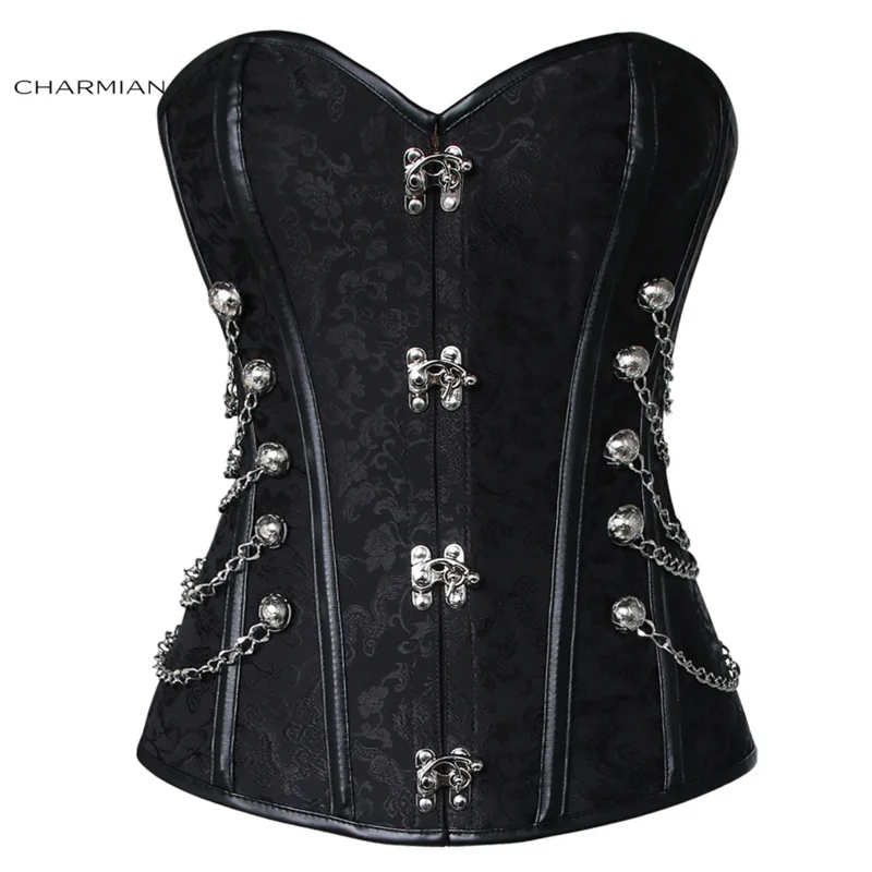 Charmian Steampunk Faux Leather Corset Women Steel Boned Brocade Plus Size Corset Tops With Chains Overbust Halloween Clothing