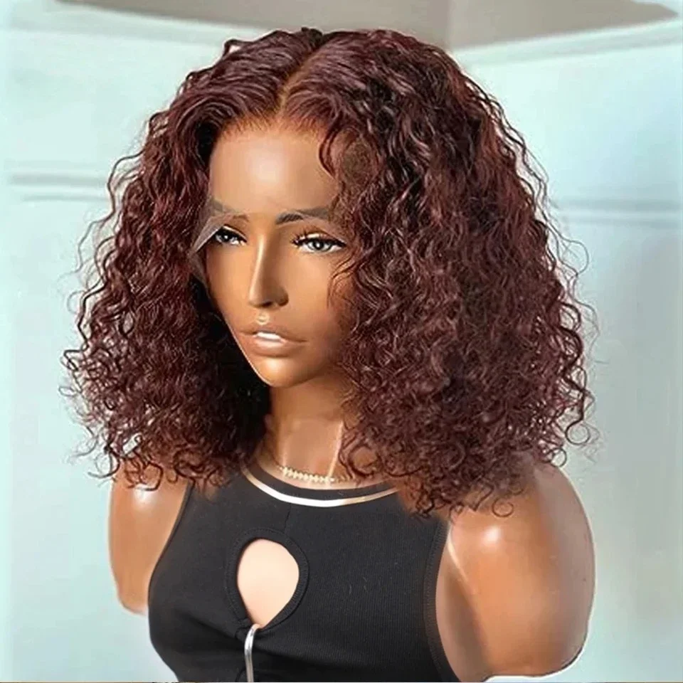 

Парик из перуанских волос Deep Curly Bob, черный, темный оттенок, HD 13*6*2, прозрачная T-образная часть, Remy, с мелированием P4/27, красно-коричневый цвет