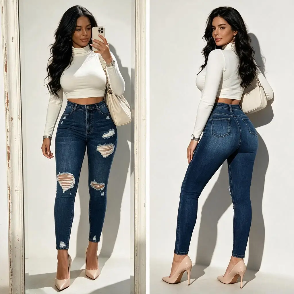 2026 Destroyed Hole Denim Jeans Woman Slim Fit High Waist Pencil Pants Vintage Washed Blue Denim Trousers Streetwear XS-XL
