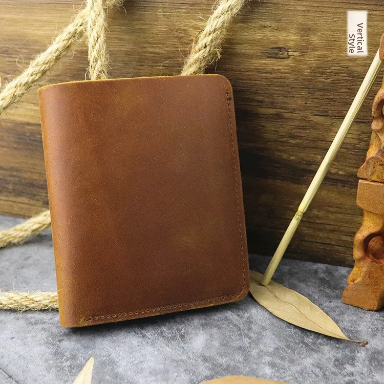 Handmade Crazy  Leather Wallet Men's Short Retro Money Clip Top Layer Cowhide Vertical Two Leather Clip Simple Design