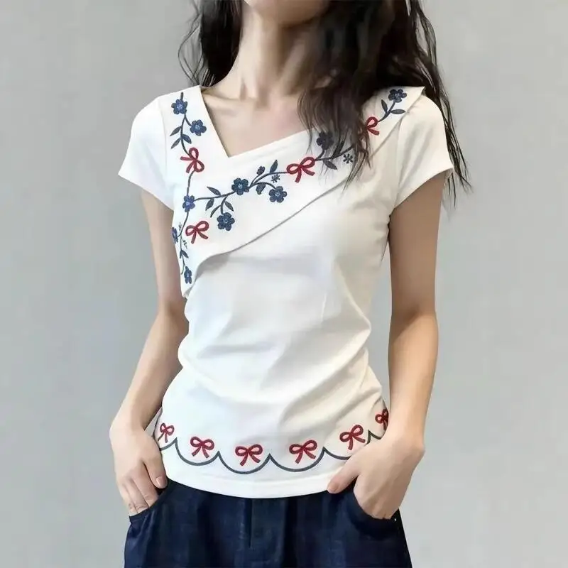 Summer Newwomen Clothingamerican Embroidery Slanted Shoulder Short Sleeved Tshirt Korean Version Irregular Fashionversatile Tops