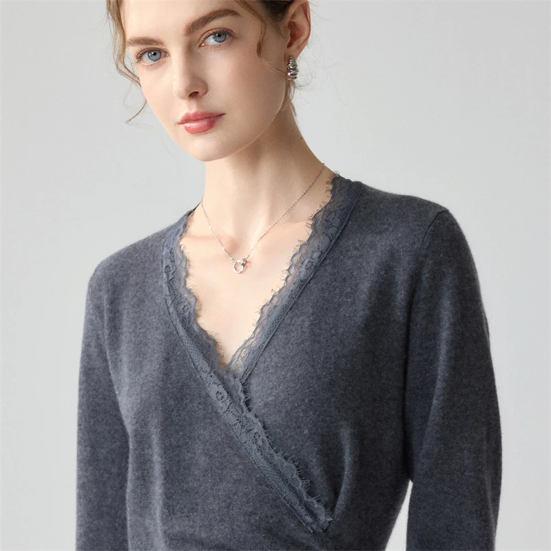 A-class high-quality women's 100% cashmere sweater French lace V-neck pullover slim Tops fashion Jumper solid color Blouse