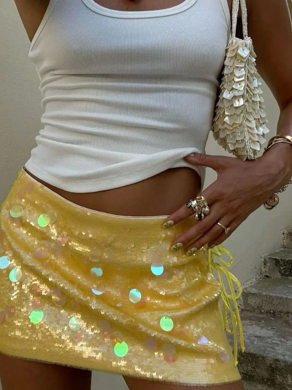 

Сексуальная облегающая юбка с пайетками и вставками, с низкой талией и эластичным поясом, женская модная юбка А-силуэта для весны и лета, из полиэфирного волокна