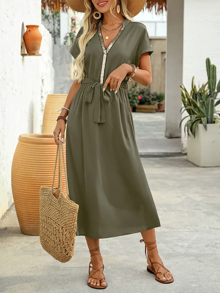 

New casual, simple, versatile, elegant sequin decoration splicing V-neck slim fit solid color raglan sleeve dress