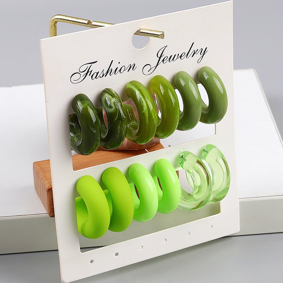 FishSheep 6 Pair Trendy Acrylic Green Color Hoop Earrings Sets for Women Bohemia Geometric C Shape Earring Female Jewelry Gifts