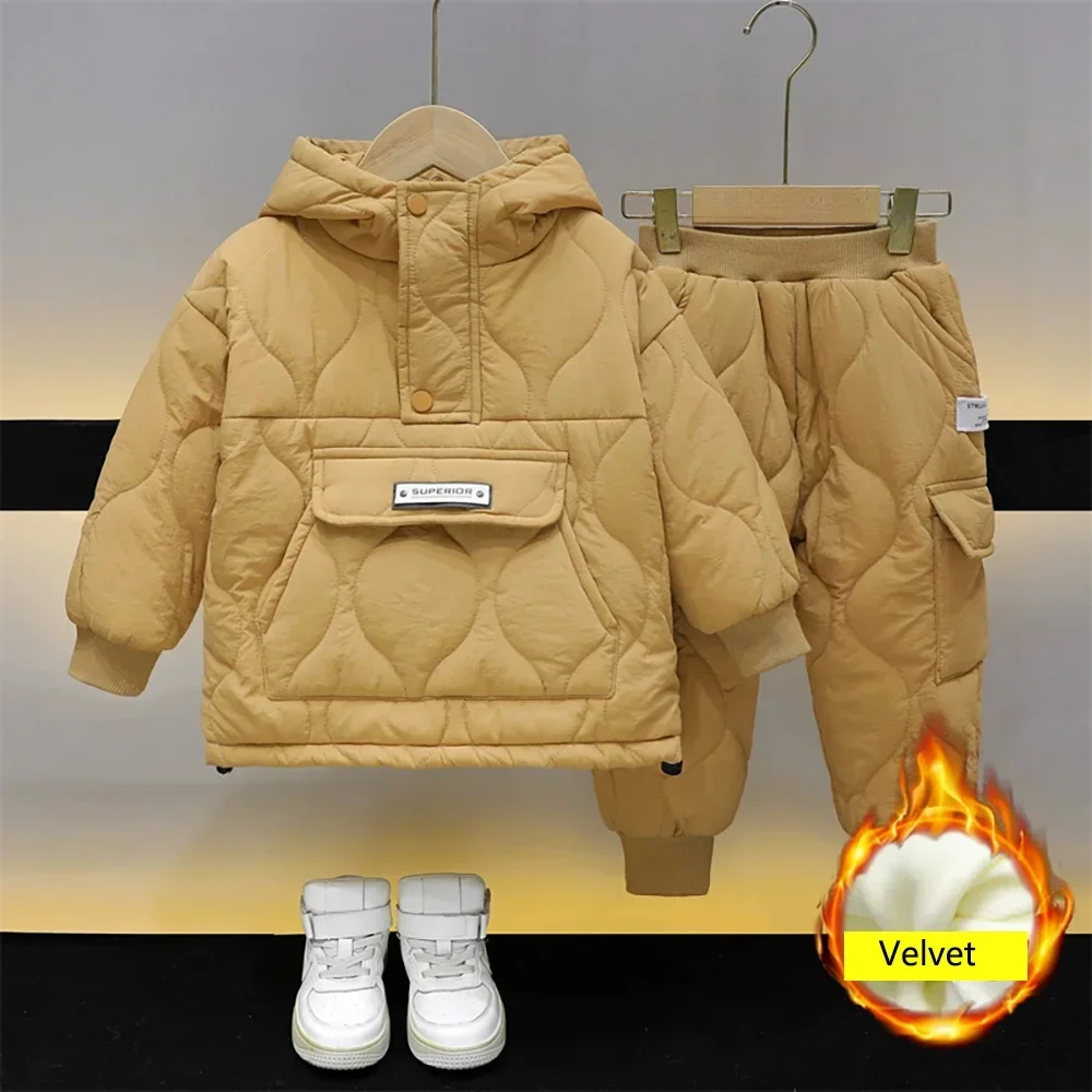الشتاء الاطفال الفتيان القطن مقنعين معاطف + السراويل 2 قطعة الاطفال الصوف سنوسويت سميكة الدافئة المخملية الأطفال الملابس مجموعات 2-10 سنة