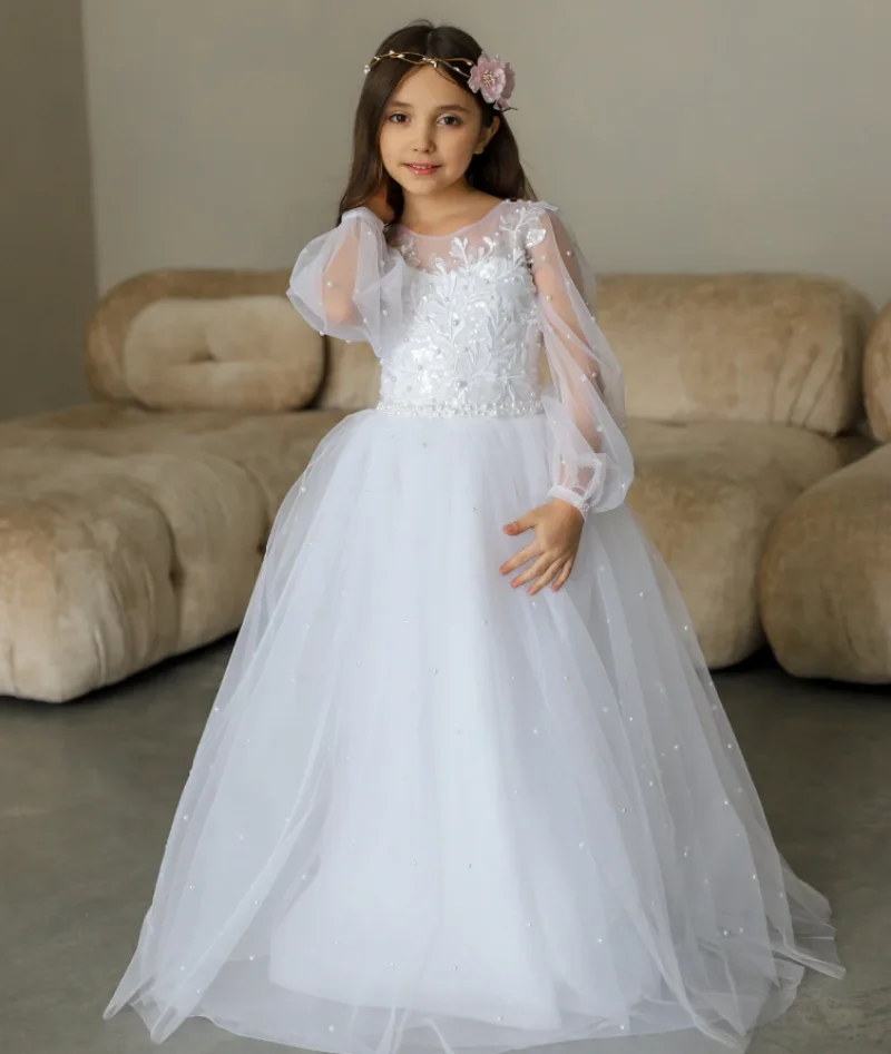 

White Tulle Bridesmaid Dresses Flower Girl Dresses Ball Gown Kids Wedding Party Pageant First Communion Gown Long Sleeves