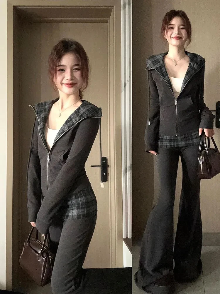 

Retro American Plaid Splicing Long Sleeve Short Jacket Women's Autumn New High Waist Slimming Casual Long Pants Set
