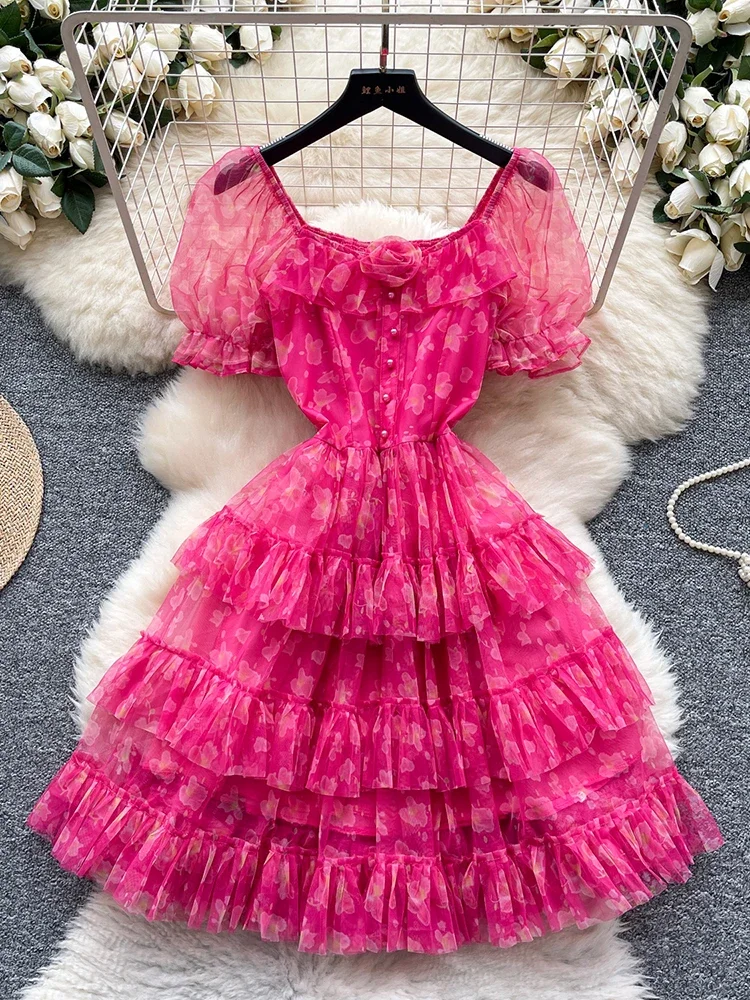 Letnia damska sukienka mini z dekoltem typu \"bubble sleeve\", nowa modna, słodka sukienka na przyjęcie urodzinowe, krótka sukienka z siateczki w stylu \"cake\", L02