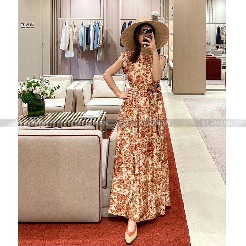 Women Vacation Style Ink Painting Orange Fragmented Flower Long Silk Dress with Belt