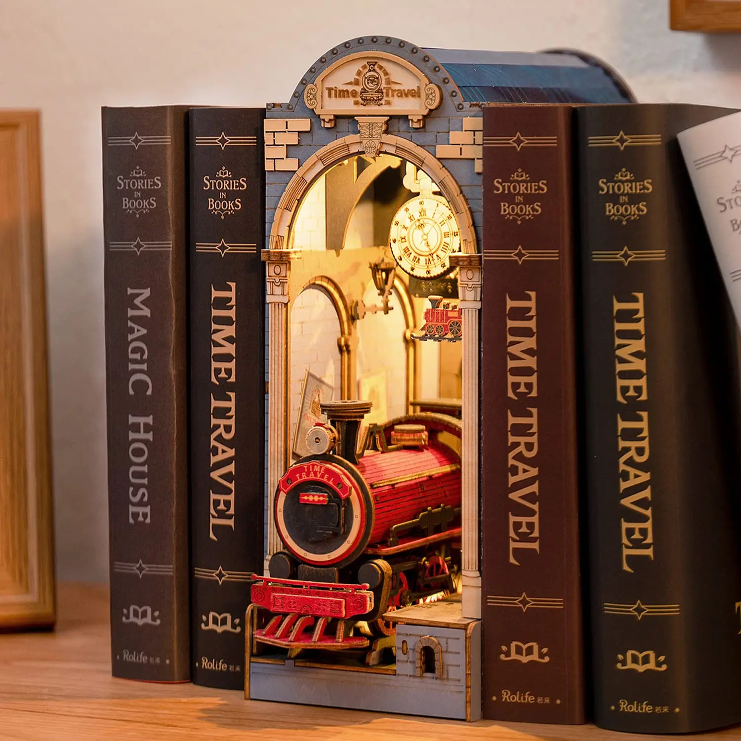 Rolife DIY 3D Wooden Book Nook Puzzle Kit with LED Bookend Diorama Miniature Bookshelf Set Ideal Gift for Adults And Teens