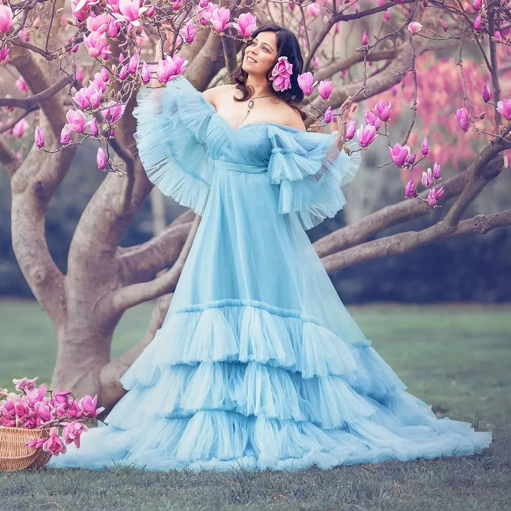 

Elegant Sky Blue Maternity Dresses Sweetheart Neckline Off The Shoulder Vestidos For Photoshoot Pros Pregnant Woman Gowns