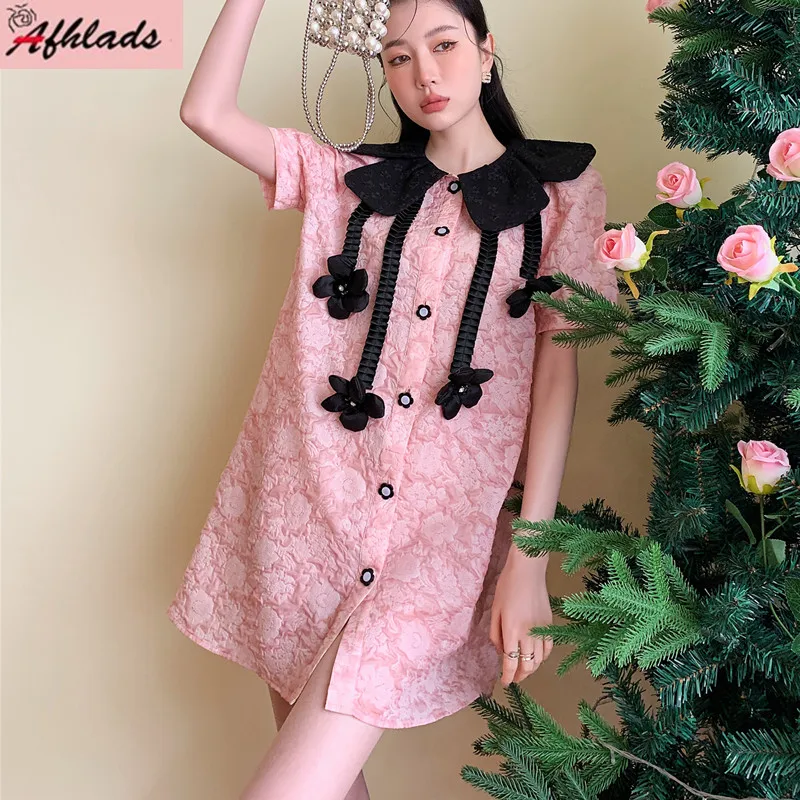 

Peter Pan Collar Pink Sweet Single Breasted Patchwork Vestidos Women's Summer Design Fashion Thin High Waist Loose Shirt Dress