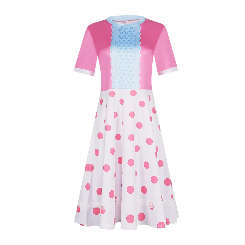

Anime Bo Peep Cosplay Costume Women Girls Long Dress Christmas Halloween Carnival Party Shepherdess Pink Polka Dot Maid Dress