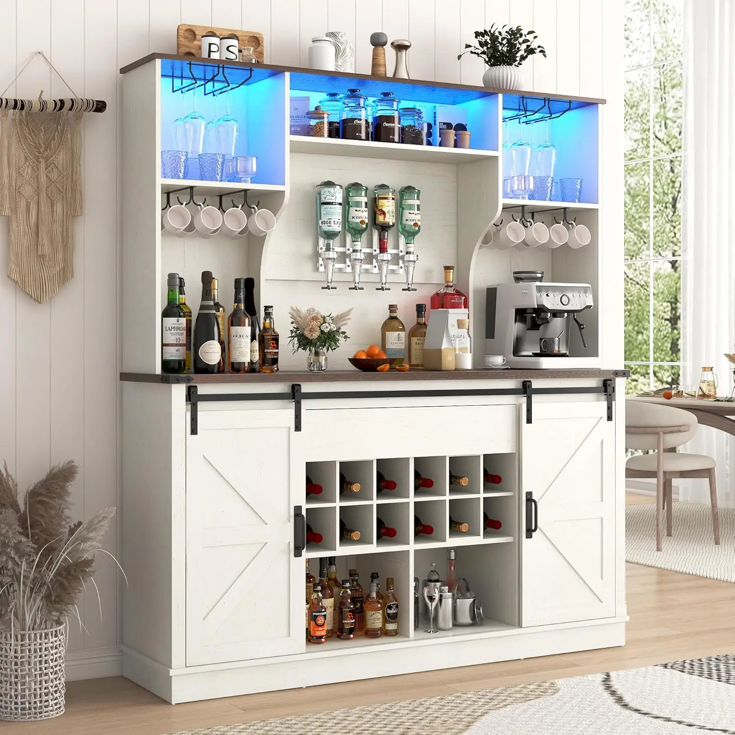 

Farmhouse Coffee Bar Cabinet with LED Light, Charging Station & Sliding Barn Doors - 63"W x 71"H Large Wine Rack, Built-in Liquo