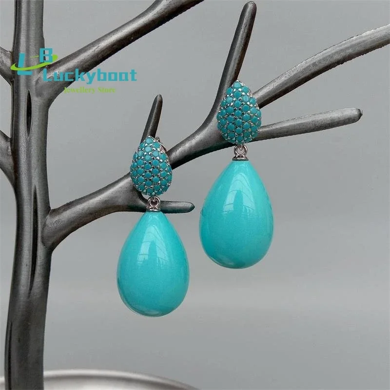 

16x23mm Turquoise Blue Sea Shell Teardrop Cz Pave Stud Earrings For Women Fashion Jewelry