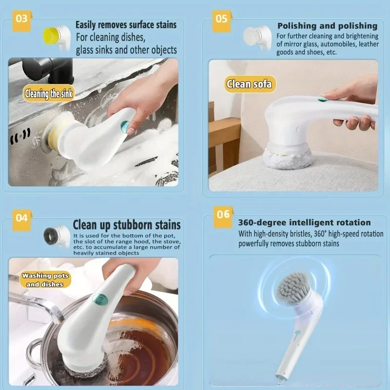 5-in-1 USB Rechargeable Cordless Electric Spin Scrubber with 5 Replaceable Brush Heads Cleaning Brush for Bathroom and Kitchen
